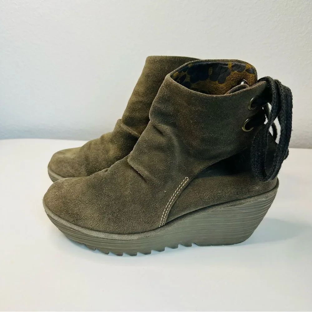 Fly London Brown Green Suede Tie Back Booties Size 39 (8.5)‎